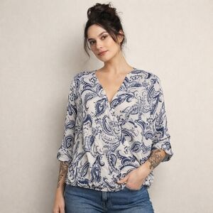 F&F Paisley Bubble Hem Blouse Blue White Size 18 Casual Collection